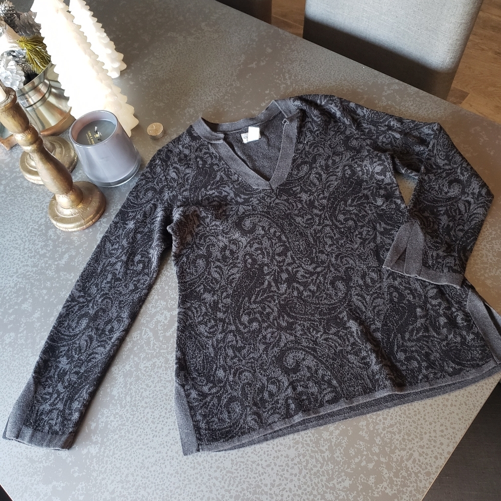 Chico's V-Neck Sweater - Black/Grey - Size:1